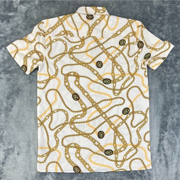 DRILL CLOTHING Baroque Gold Shirt Men's Small White Gold Chain Button-Up Stretch - Picture 3 of 11